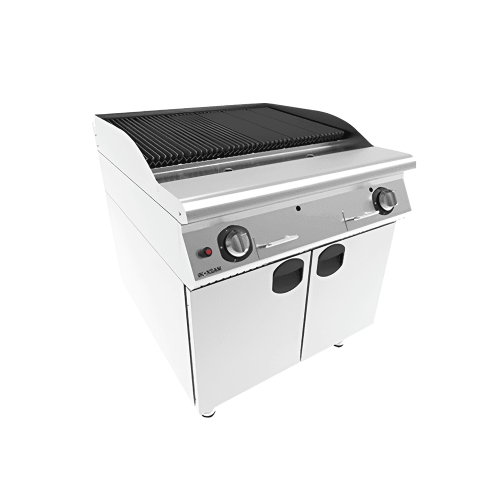 Gratar dublu roca vulcanica linia 700 pe gaz profesional Gratar dublu cu roca vulcanica linia 700 pe suport inchis, echipament profesional horeca