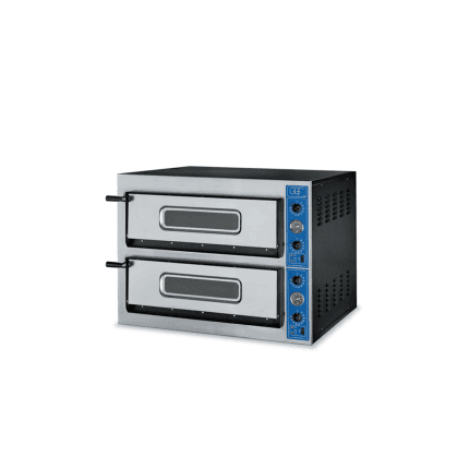Cuptor profesional pentru pizza cu 2 camere de coacere, alimentare electrică și izolație termică de înaltă densitate. Construit integral din oțel inoxidabil, oferă o distribuție uniformă a căldurii datorită camerei căptușite cu șamotă refractară. Putere: 14,4 kW | Alimentare: 230/400 V | Dimensiuni: 900×1080×750 mm | Greutate: 159 kg