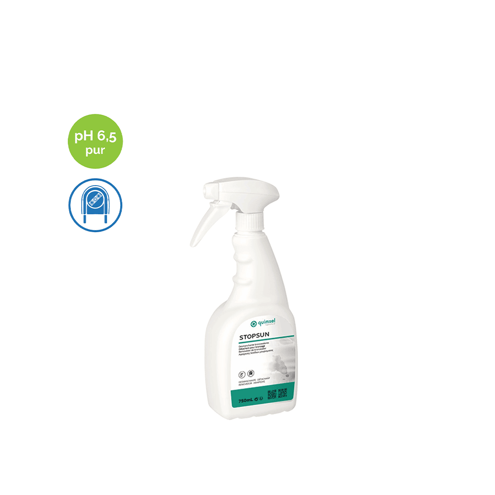 Q0080179-a Soluție lichidă pentru îndepărtarea petelor din loțiunile de plajă STOPSUN – Flacon 750 ml Quimxel - imagine 1